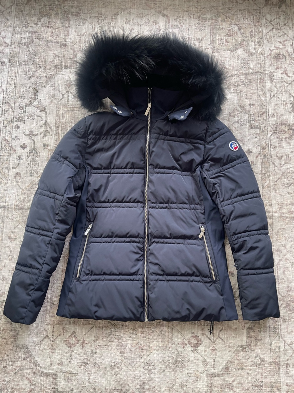 Fusalp Dark Navy Hooded Quilted Ski Jacket with Fur Trim